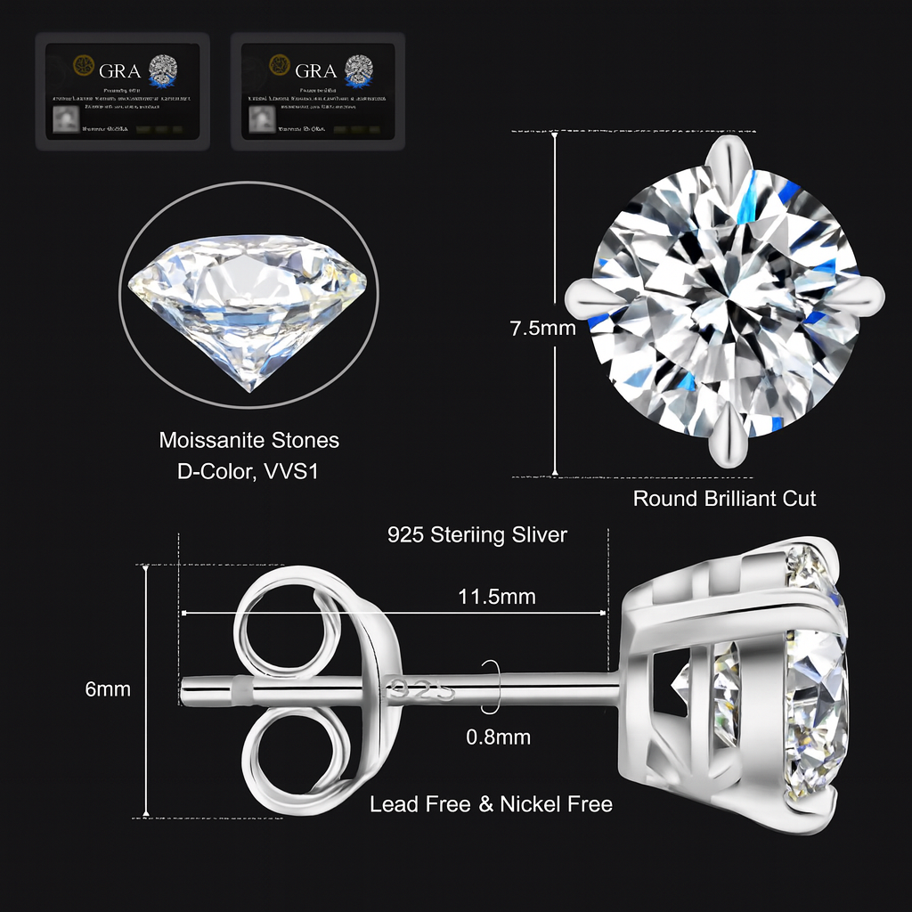 Pendientes Diamond Aura Stone Moissanita Plata 925 6mm